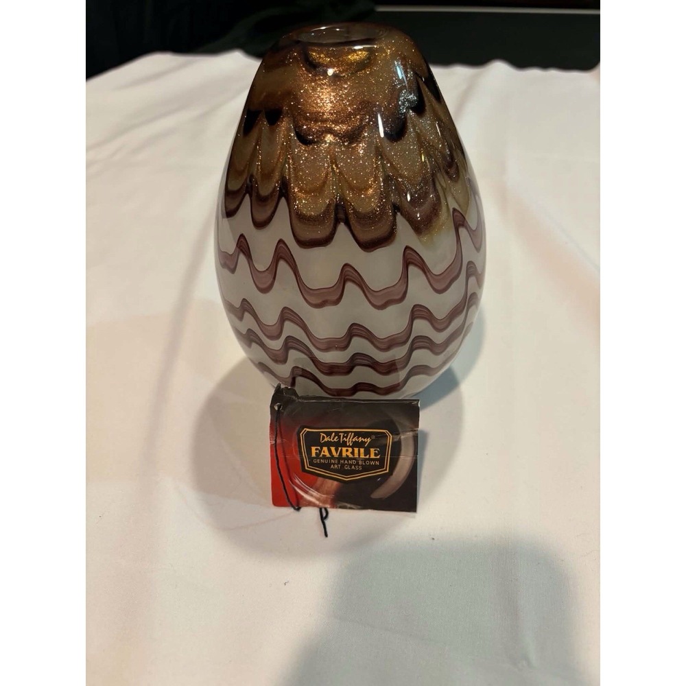 Dale Tiffany Favrile Hand Blown Art Glass Vase Brown Gold Iridescent Swirl Tag